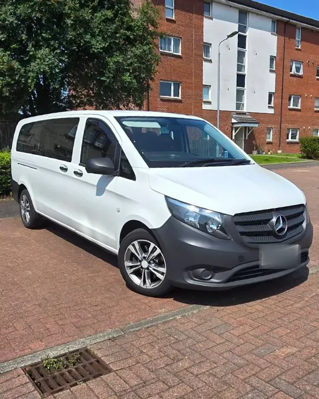White Mercedes-Benz Vito 8-seater van used for ScotTransfers Glasgow airport transfers